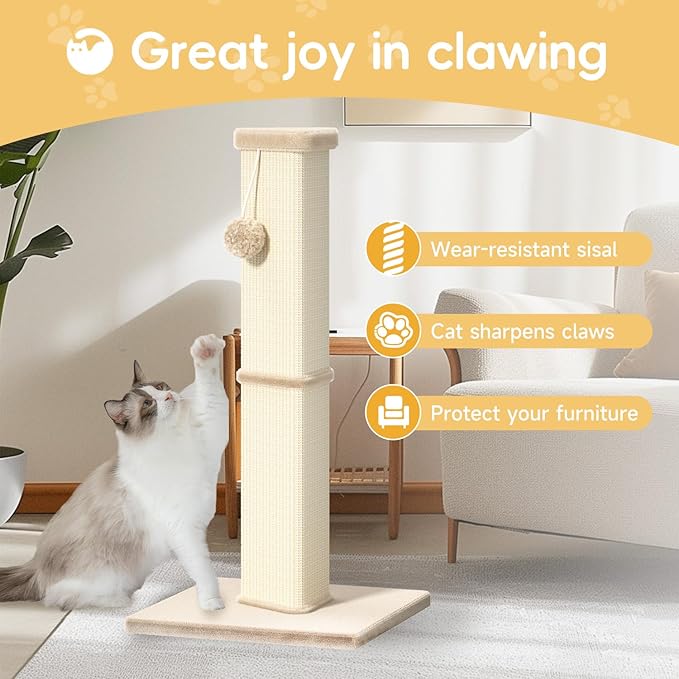 Cat Scratching Post, 32 Inch Tall Scratching Post for Indoor with 5 Inch Diameter Posts and Ball Cat Scratcher for Medium and Large Cats
