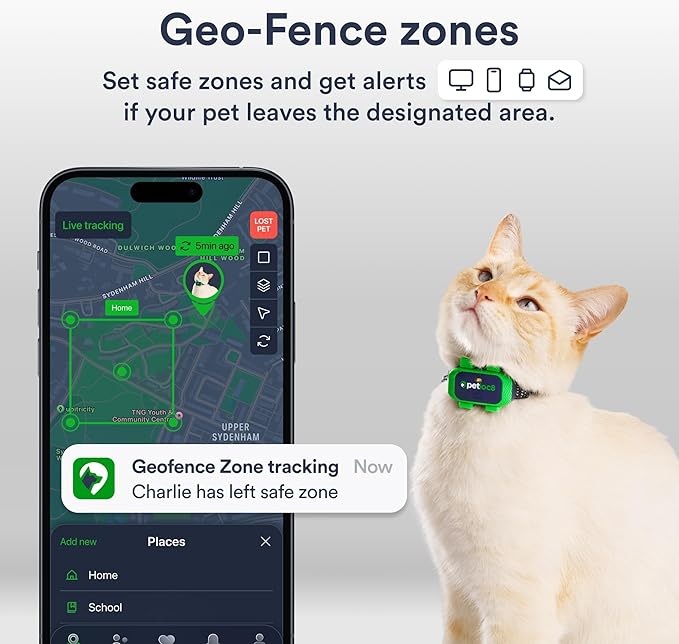 Cat GPS Tracker – Smallest Waterproof Pet Tracking Device with App, Real-Time Location, Smart Alerts & Geo-Fence, Long-Life Battery, Collar-Compatible – iOS & Android (4-Mo Subscription Included)