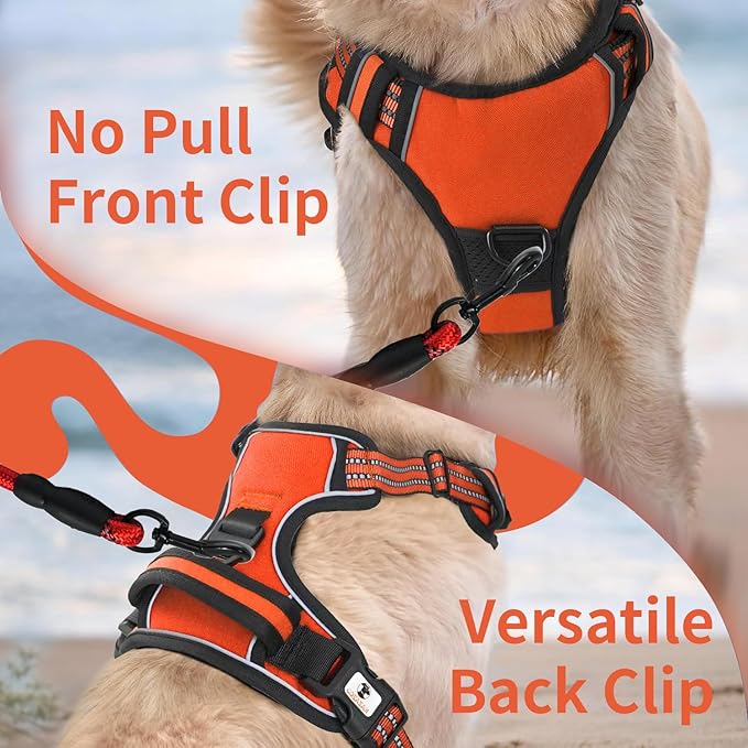 Dog Harness, No-Pull Pet Breathable Harness, Adjustable Soft Padded Dog Vest with 2 Leash Clips, Reflective No-Choke Pet, Easy Control Handle for Large Dogs, Orange, XL