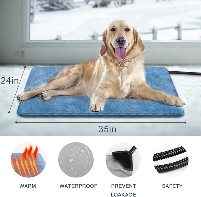 Dog Heating Pad, Pet Heating Pad 35X24, Adjustable Temperature Dog Cat, Waterproof, Timer Control, Chew Resistant Cord