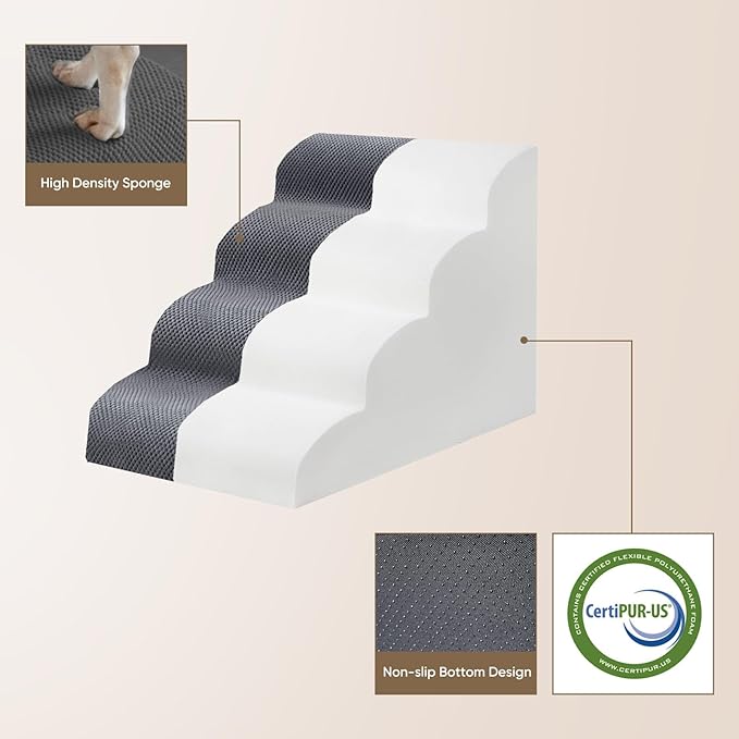 PAWSCART Dog Stairs for Small Pets, 17.7" H with 30D Material Soft Foam, Portable Ramp Non-Slip Surface Non-Slip for Couch and High Bed Climbing, 3-Step Stairs for Cat or Dog, Grey