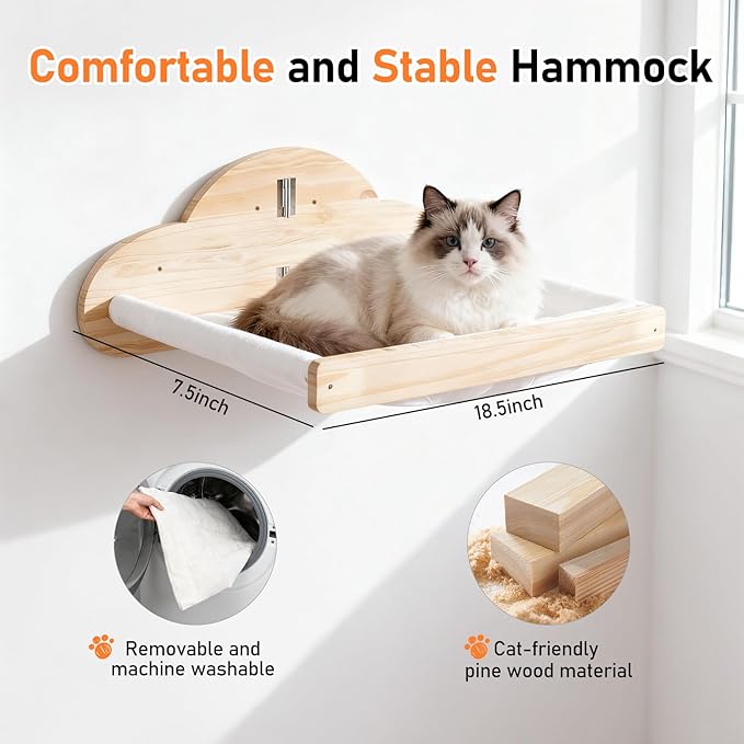 XiaZ Cat Wall Hammock Mounted Bed with 4 Climbing Steps, Modern Cats Shelves and Perches up to 30lbs, Wooden Kitten Wall Furniture for Indoor Sleeping, Playing, Climbing and Lounging