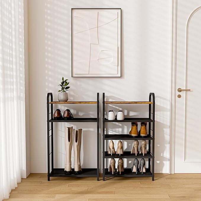 Shoe Rack, 5-Tier Shoe Organizer with Guardrails, Heavy-Duty Metal Mesh Shelves & Rustic Wooden Top for Stylish Closet & Front Door Storage