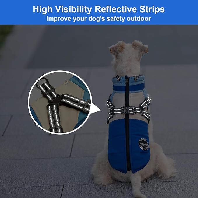 Winter Dog Coat & Jacket Combo, Waterproof & Windproof Turtleneck Fleece Vest with Harness, Reflective Dog Jacket & Snowsuit for Small to Large Dogs, Blue XXL