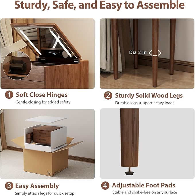 Solid Wood Small Vanity Desk with Mirror and Lights, Narrow Makeup Vanity for Small Space, Flip Top Vanity Side Table, 3 Color Modes & Adjustable Brightness, 15.7" Slim Dressing Table, Walnut