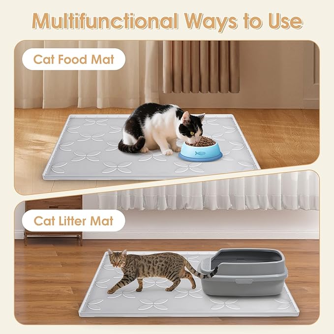 Cat Litter Mat, Large 34" x 22" Litter Box Mat, Waterproof Silicone Litter Mat for Litter Box, Non-Slip, Easy to Clean (Light Grey)