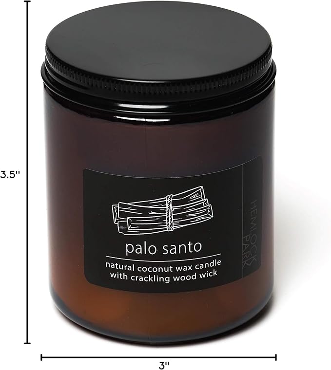 Hemlock Park Crackling Wood Wick Candle Handcrafted with Natural Coconut Wax (Standard 8 oz, Palo Santo)