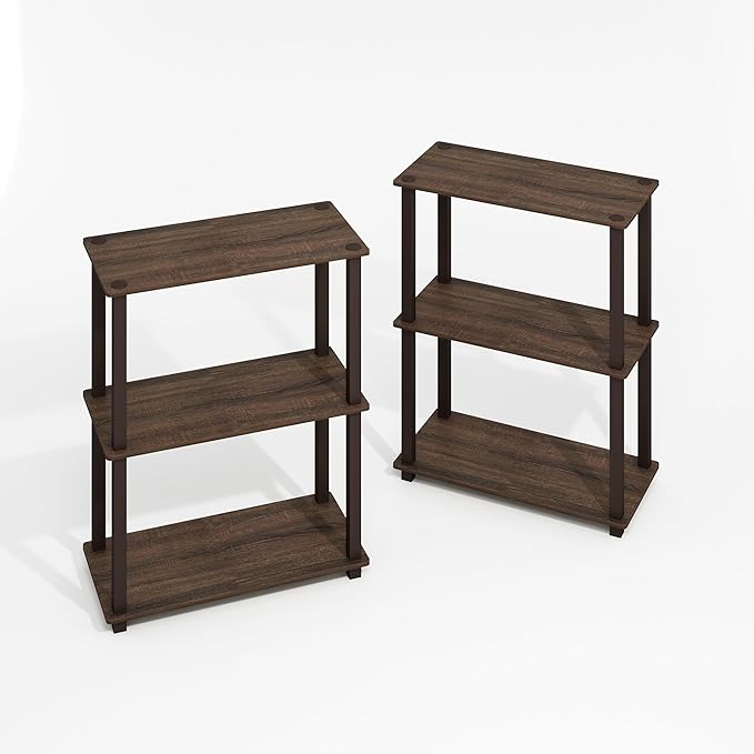 Furinno Turn-S-Tube Storage Shelves Set of 2, 3-Tier Book Shelf, Corner Shelf, Toolless Open Shelves, Square Tubes, for Organization and Storage, Living Room, Garage, Home Office, Black Walnut