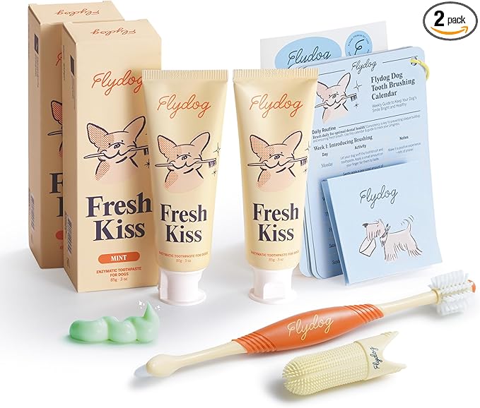 FlyDog Fresh Kiss Dog Tooth Brushing Kit - Vet Approved Formula, Enzymatic Dog Toothpaste and Brush - Breath Freshener & Tartar Remover, 360° Toothbrush & Finger Brush, Dental Guide, Mint Flavor