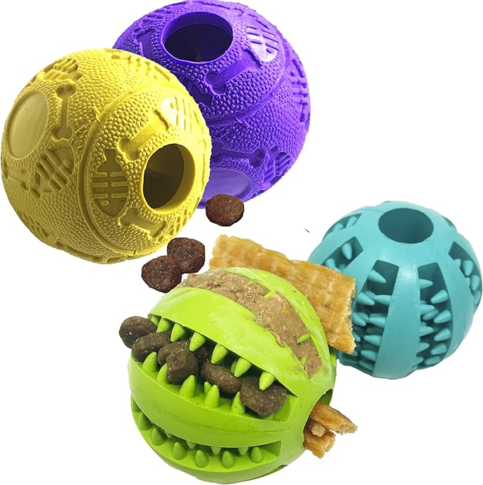 Jalousie Dog Puzzle Balls Dog Treat Dispensing Toy Non-Toxic Natural Rubber Puppy Chew Toys for Puppy PetTeething Puzzle Playing Treat Dispenser Rope (Small - 4 Pack)