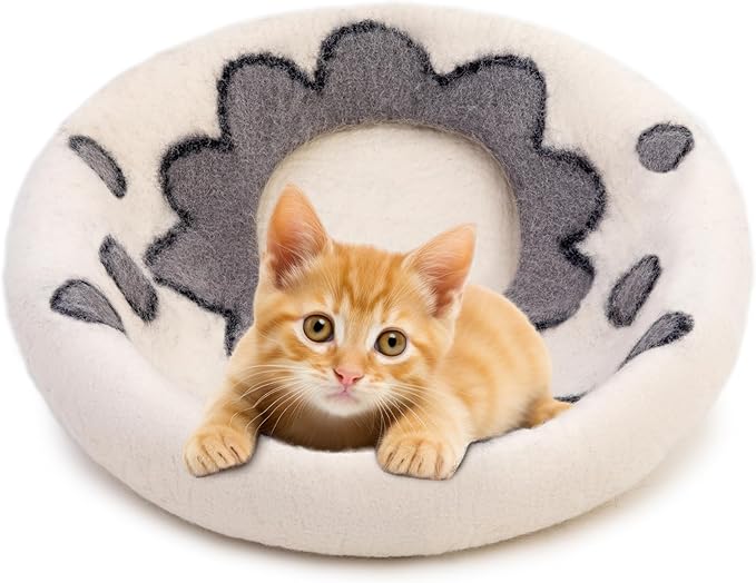 Woolygon Premium Felt Cat Cave Bed β Wool Kitty Beds Handcrafted Kitten Caves Bed for Indoor Cats - Made from 100% Eco-Friendly Merino Wool, Foldable Cat Hidewawy Covered Cat House Pod (Flower Collar)