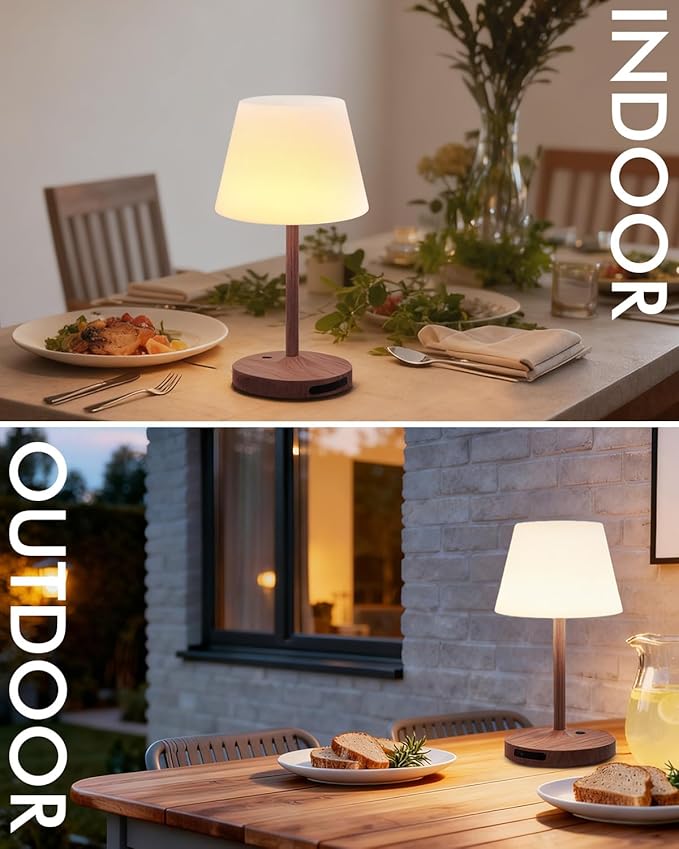 Outdoor Waterproof Shower Lamp, 5200mAh Cordless Rechargeable Table Lamp with Touch Dimming, IP65 Wireless LED Night Light for Patio, Camping, Bathroom, Restaurant & Kitchen (Dark Walnut)