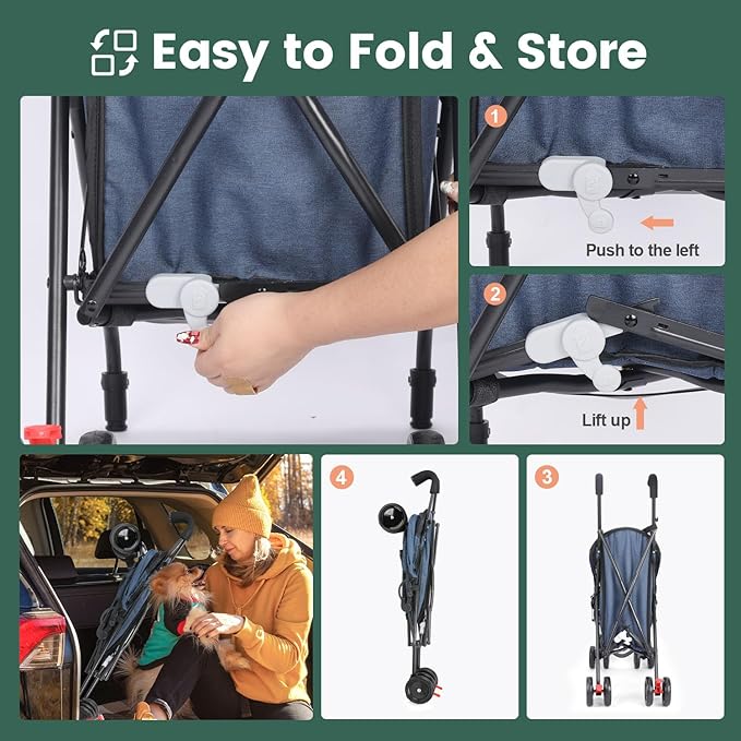 Umbrella Dog Stroller, Foldable Pet Stroller for Small Dogs Cats, 4 Wheels Pet Strolling Cart with Carrying Strap and Cup Holder, Breathable and Visible Mesh, Dog Poop Bags & Dispenser (Navy)
