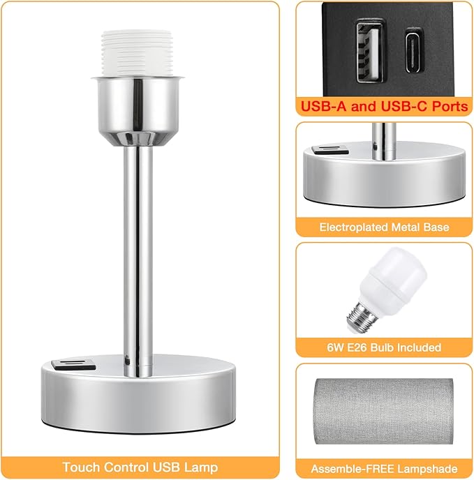 Grey Touch Nightstand Lamps for Girl - Small Bedside Lamp with USB-C and USB Charging Ports, 3 Way Dimmable Control Table Lamp for Living Room Office, Dorm, Reading with Fabric Shade Silver Base