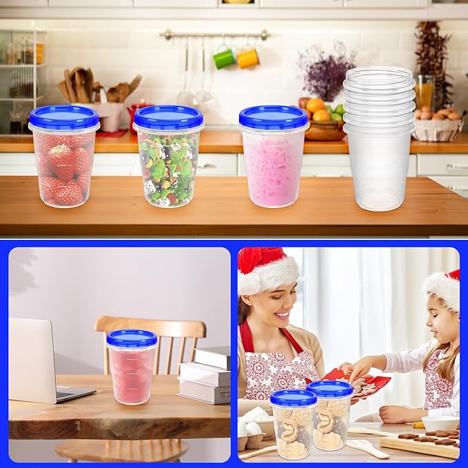 12 Pack Freezer Containers with Screw On Lids, 32 Oz Stackable Reusable Plastic Storage Container, Airtight Plastic Food Storage Containers with Twist Top Lids for Food Soup Jello Sauce