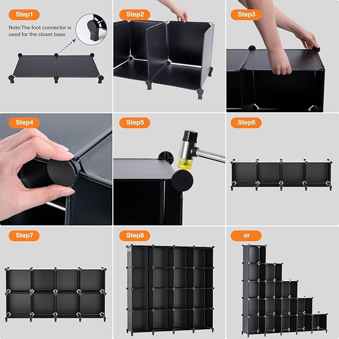 Neprock 16 Cubby Storage Organizer, Closet Clothes Storage Organizer, Cube Shelves Closet Organizers and Storage Shelves for Clothing Storage with Hammer, Bookshelf for Kids(Black)