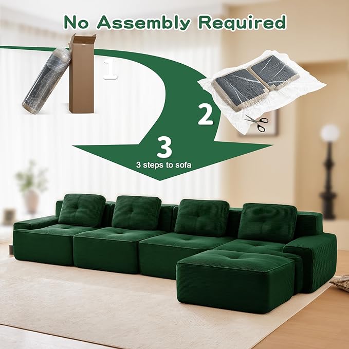 150" Modern Compressed Boneless Couch with Ottoman, 4 Seater Large L Shaped Sectional Couches for Living Room, Green Corduroy Cloud Modular Sectional Sofa, Memory Foam, Extra Deep, No Assembly