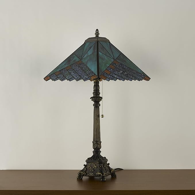Tiffany Table Lamps Deep Blue Stained Glass Rhombus Checkered Style Mission Desk Lamp 12X12X24 Inch Bronze Resin Base