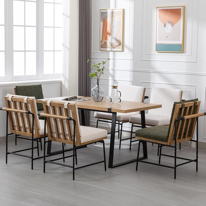 Modern Dining Chairs Set of 2, Comfy PU Leather Armless Side Chairs with Backrest Wooden Upholstered Seat Black Metal Legs for Dining Room Living Room, Beige