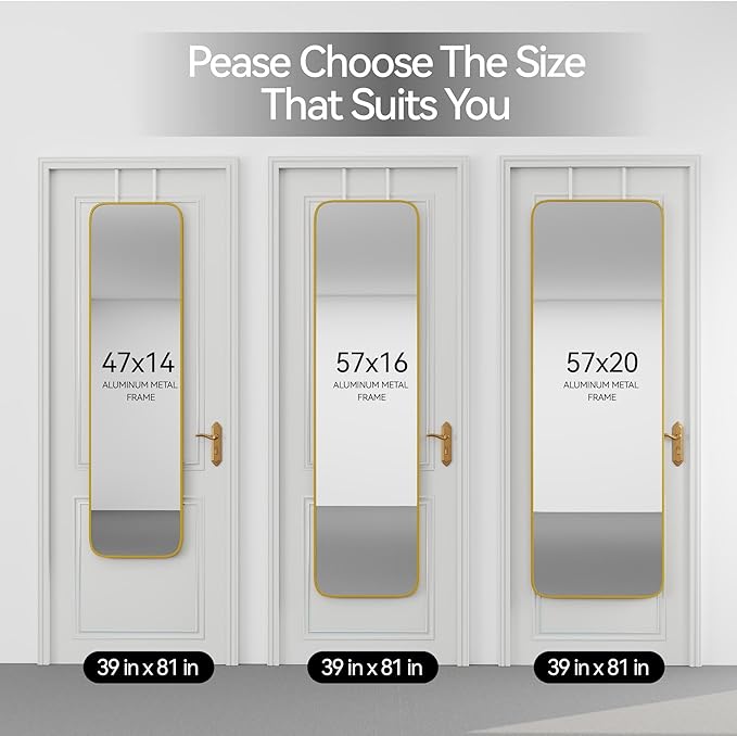 57x16 Door Hanging Full Length Mirror, Floor Stand (Height 5.7ft just Body in1.3ft) Wall Mounted Metal Frame Rectangle Dressing Mirrors for Bedroom Bathroom Room 57 inch Gold