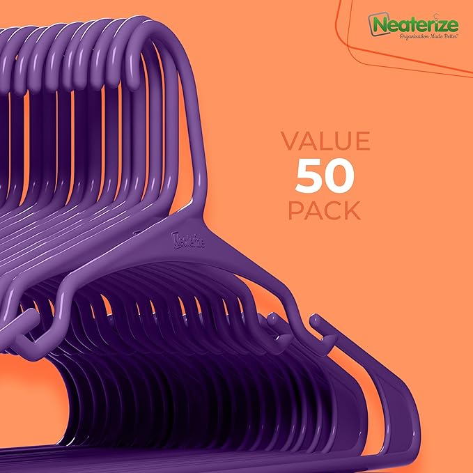 NEATERIZE Clothes Hangers 50 Pack Purple - Plastic Hangers - Ganchos Colgar Ropa