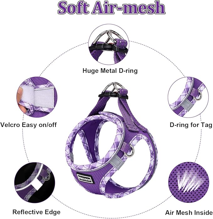 Mercano Soft Mesh Dog Harness and Leash Set, No-Chock Step-in Reflective Breathable Lightweight Easy Walk Vest Harnesses with Safety Buckle for Small Dogs, Cats (M, Purple)