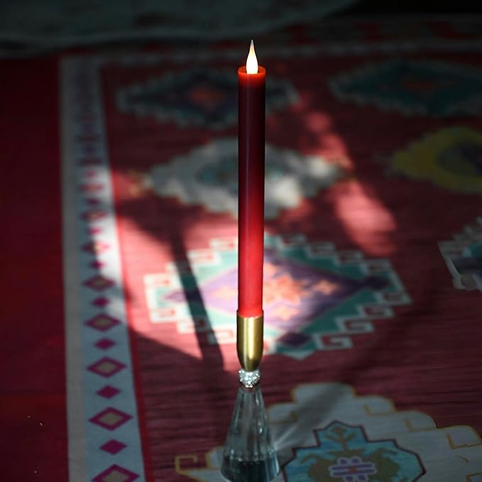Flameless Taper Candles Flickering with Remote and Timer, 3D Moving Flame Taper Candle Battery Operated to 400 Hours, 9 Inch Window Candles, (Burgundy)