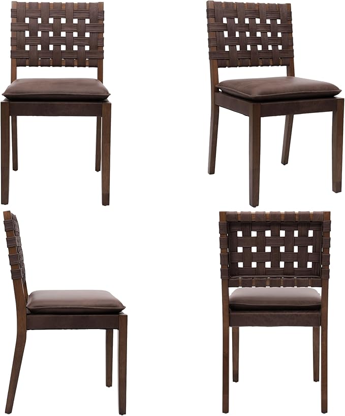 Woven Faux Leather Dining Chairs Set of 2, Farmhouse Upholstered Kitchen Chairs with Wooden Legs Armless Accent Side Chairs for Dining Room/Restaurant, Brown