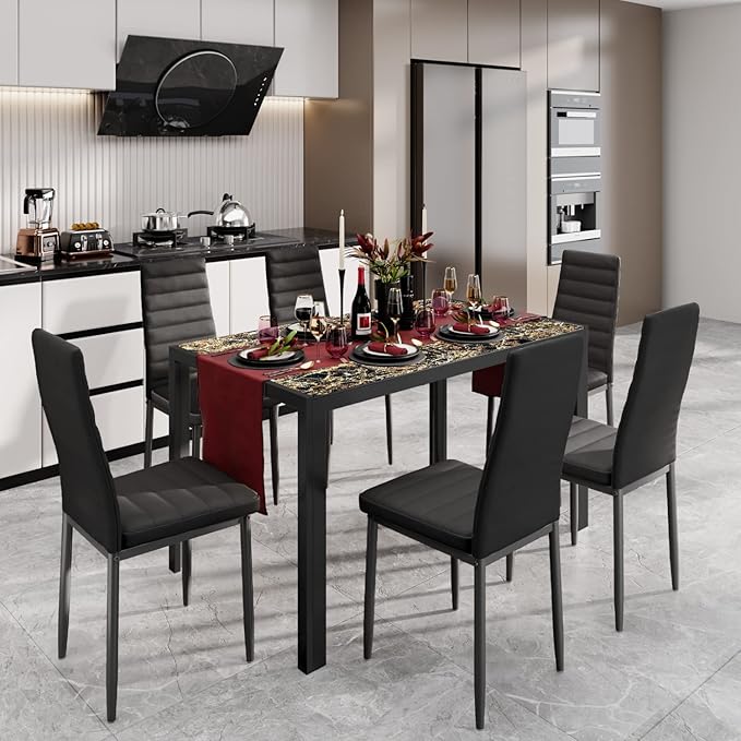 Gizoon Glass Dining Table Sets for 6, 7 Piece Kitchen Table and Chairs Set for 6 Person, PU Leather Modern Dining Room Sets for Home, Kitchen, Living Room