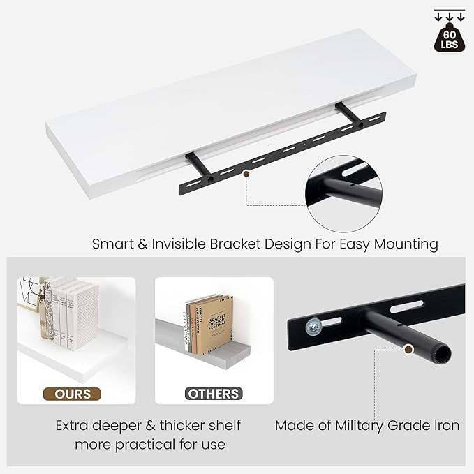 Vivelove Wooden Floating Shelves for Wall 24” x 8”x 1.4”, Solid Wood Shelf with Invisible Brackets, Deep Wall Shelves for Bathroom, LivingRoom, Kitchen, Bedroom, Modern Home Decor, Set of 2 - White