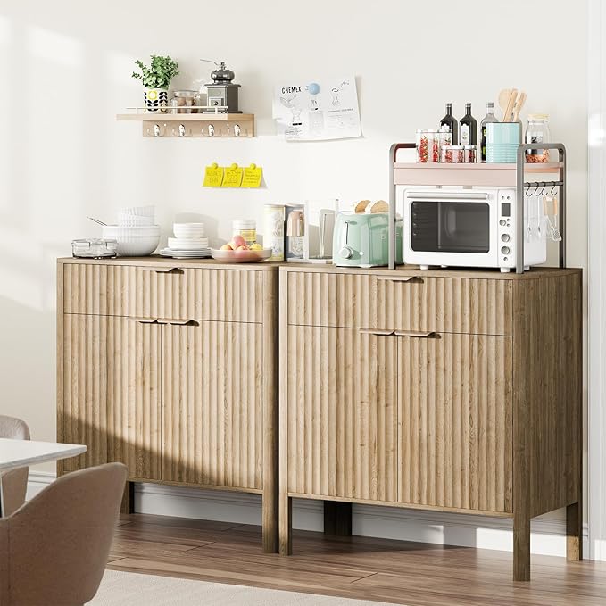 Sideboard Buffet Cabinet with Storage - Modern Fluted Credenza with Doors & Drawer, Accent Cabinet Coffee Table Bar Counter Bookcase for Living Room Kitchen Dining Room Entryway 31" H Oak