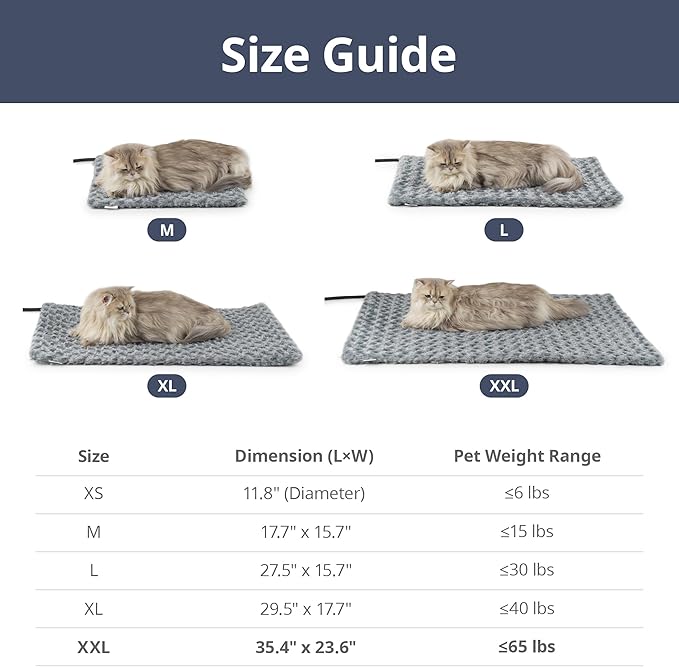 Adjustable Temperature Heated Cat Bed & Dog Heating Pad with Timer, Chew-Resistant Cord, Thick and Soft Cover, Indoor Pet Heating Pad, 35.4" x 23.6"
