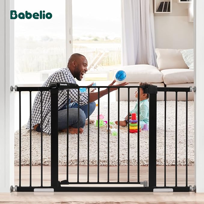 Babelio Metal Baby Gate, 29-48'' Auto Close Easy Install Dog/Pet Barrier, Extra Wide Walk Thru Child Safety Door, Pressure Mounted for Doorways & Stairs, with Y Spindle Rods, Black