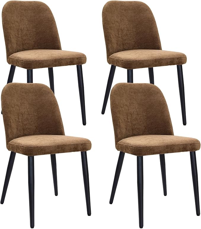 Upholstered Dining Chairs Set of 4, Mid Century Modern Fabric Dining Room Chair High-Back Padded Kitchen Chairs with Padded Seat and Metal Legs for Kitchen Dining Room Restaurant Cafe, Brown