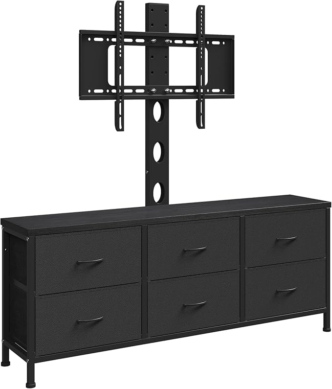 TV Stand with Mount, Fabric Dresser with 6 Drawers for 32/45/55/60/65/75 inch TVs, Black Dresser Entertainment Center, Modern Media TV Console Table