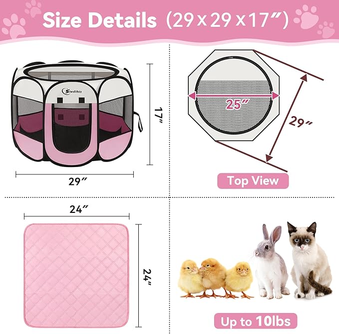 Pink Puppy Playpen for Middle Dog Cat, DogsTent Crates Cage Indoor/Outdoor, Portable Pop Up Dog Kennel with Carrying Bag for Rabbits, Removable Top (Pink, Small (29" x 29" x 17") with pad)