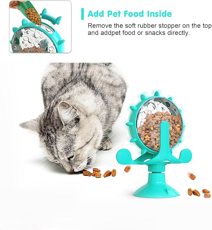 Cat Dog Treat Dispenser Toy - Cat Interactive Feeder Pet Food Toys Feeder 360° Degree Rotating Food Leakage Device Rotate with Strong Suction Cup Money Wheel Shape (Lake Blue)