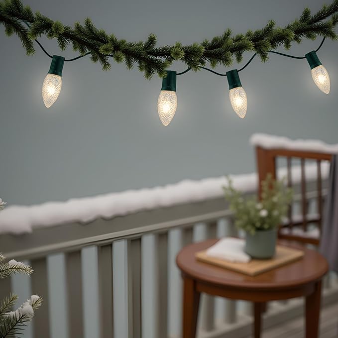 YULETIME Warm White C9 LED Christmas Lights, 25 Feet 25 Count 12" Spacing Faceted Strawberry Bulbs UL Certified Outdoor String Light Set (Warm White)