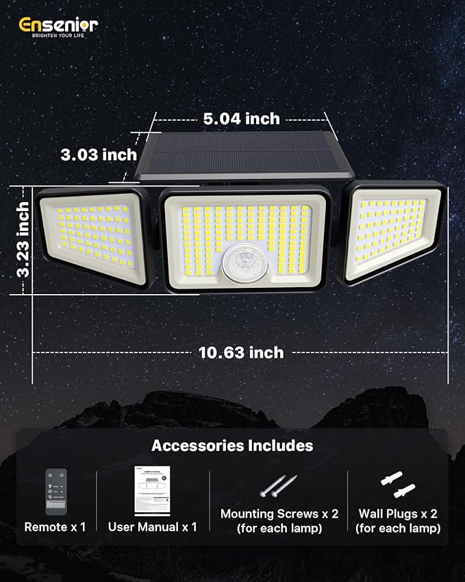 Ensenior Motion Sensor Outdoor Lights, 220 LED IP65 Waterproof Solar Security Light with Remote Control, 3 Heads Solar Flood Light Outdoor with 4 Modes, 270° Wide Angle Motion Light for Outside -2Pack