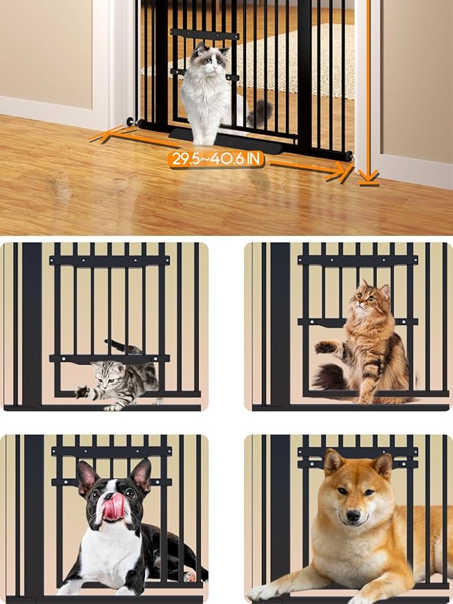 71" Extra Tall Cat Gate 29.5-40.6 Wide Pet gate with Small Cat Door,Pet Gate NO Drilling Pressure Mount Kit for Cats and Dogs Indoor Doorways liveing Room Bedroom-Black