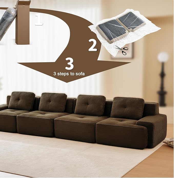 150" Modern Compressed Boneless Couch, 4 Seater Sectional Couches for Living Room, Brown Corduroy Cloud Modular Sectional Sofa, Comfy Memory Foam, Extra Deep, Sofas para Sala, No Assembly