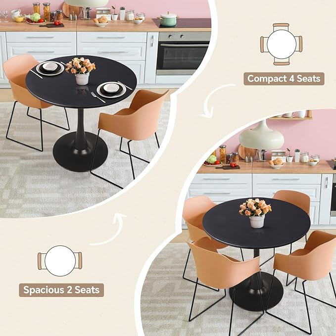 Small Space 27.5 Inch Black Round Tulip Dining Table - Modern Pedestal Base Kitchen Table for 2-4 People - Easy Assembly & Easy to Clean