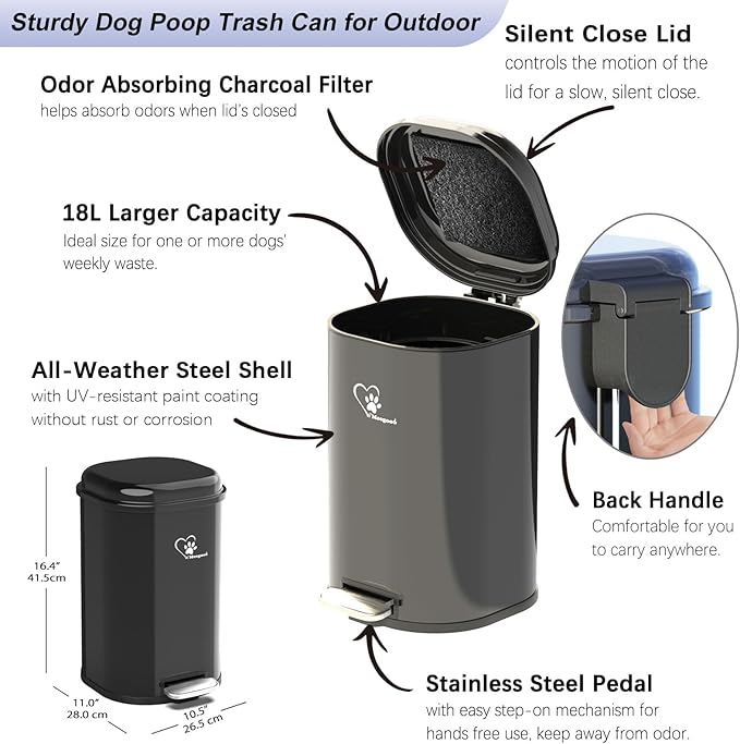 Dog Poop Trash Can Outside, Waste Bin with Lid and Removable Inner,Metal Rake Pooper Scoope,Odor Control for Indoor/Outdoor Dog Waste for Bathroom,Kitchen