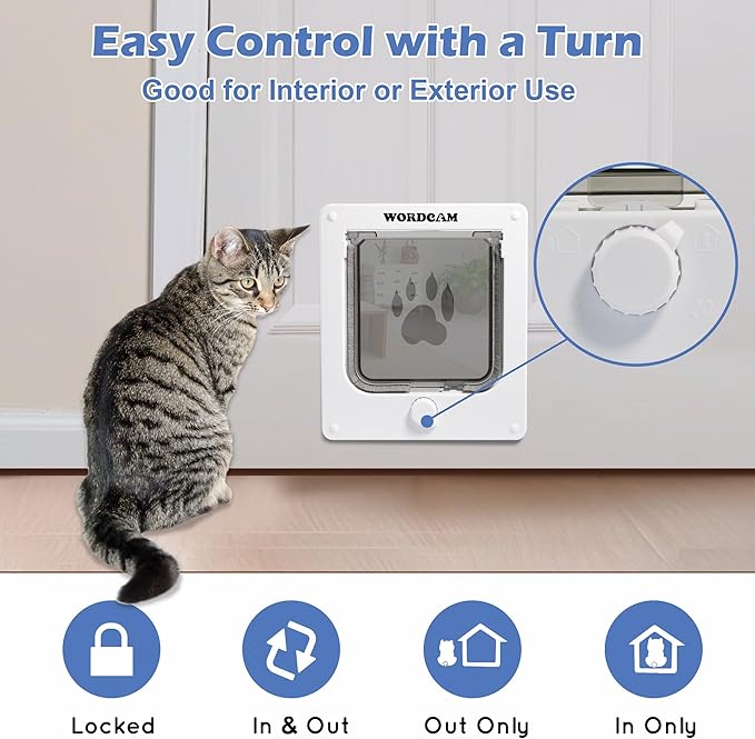 Wordcam Medium Cat Door Flap, 4 Way Locking Cat Door for Interior Exterior Doors, Pet Door for Cats Kitty Kittens Doggies, Robust, Weather-Resistant (White, M)