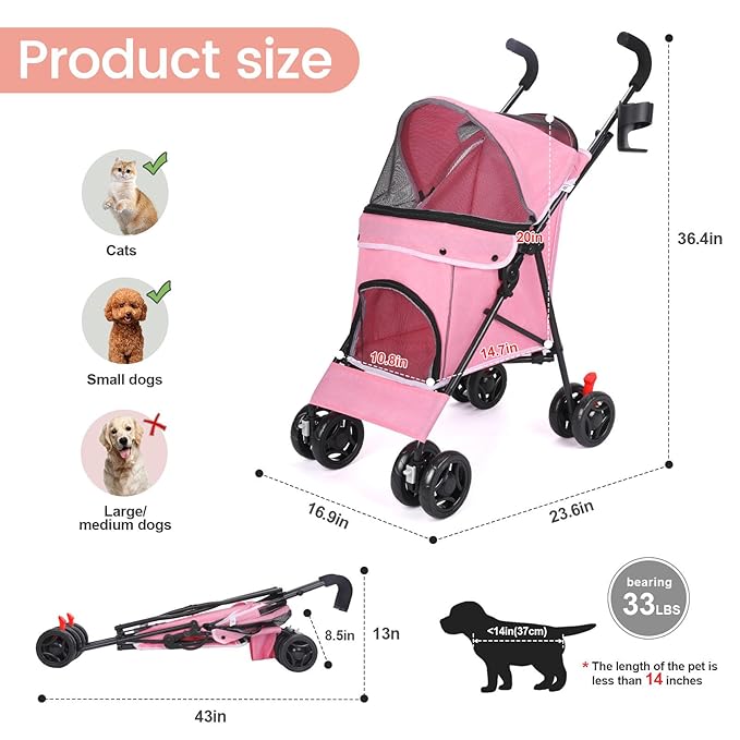 Pet Stroller for Small Dogs Medium Dogs 33lbs, Dog Pram Ultra Light - only 3.5 kg, Dog Stroller Pet Pram with 4 Wheel Foldable/Storage Basket/Cup Holder-P07 (Pink)