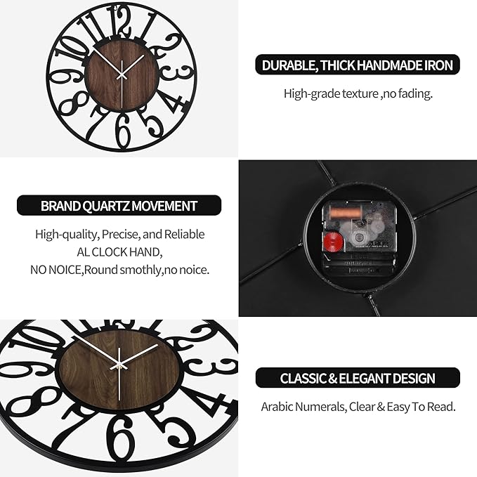 Large Wall Clock for Living Room Decor, 20 Inch Non Ticking Silent, Battery Operated Modern Vintage Oversized Wall Clock for Bedroom Kitchen