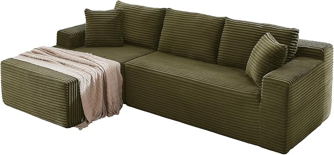 104 Inch Cloud Sectional Couch with L-Shape Chaise,Modern Upholstered Couches with Deep Seat,Corduroy Sponge Compressed Sofa for Living Room,No Assembly Required (Green)