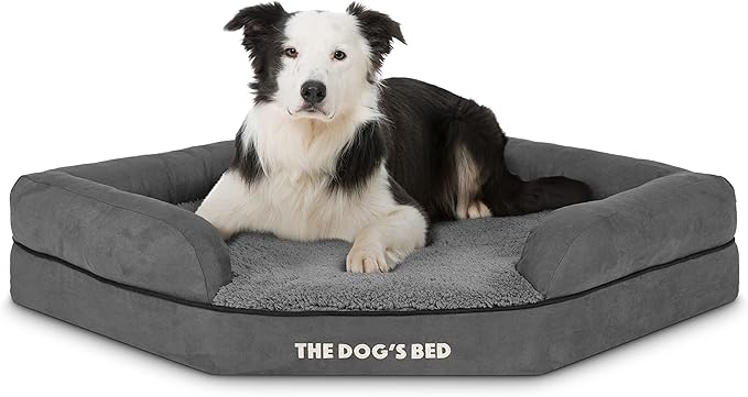 The Dog’s Bed Memory Foam Waterproof Corner Dog Bed, Large, Grey Plush, Eases Pet Arthritis & Hip Dysplasia Pain, Therapeutic & Supportive, Washable Plush Fabric Cover