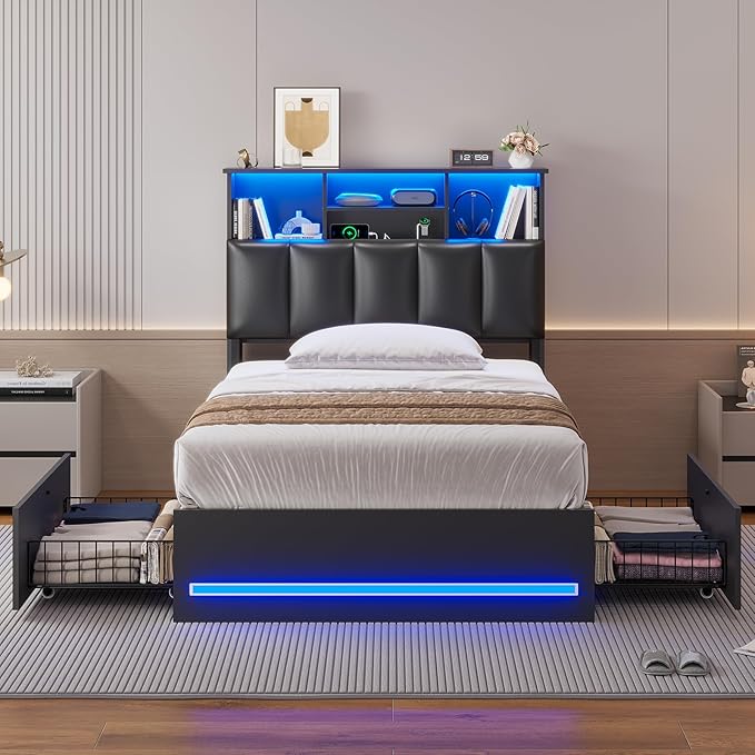 AOGLLATI Twin Bed Frame with 4 Storage Drawers & Charging Station & LED Lights, Twin Bed Frames with Stylish Bookcase Headboard, Led Bed Frame with Metal Slats, No Box Spring Needed,Black