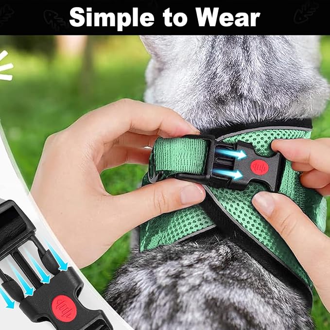 Cat Harness and Leash for Walking, Retractable Cat Harnesses and Leash Set Escape Proof, Breathable Soft Kitten Small Large Harness for Travel Training and Walking, Green, XS